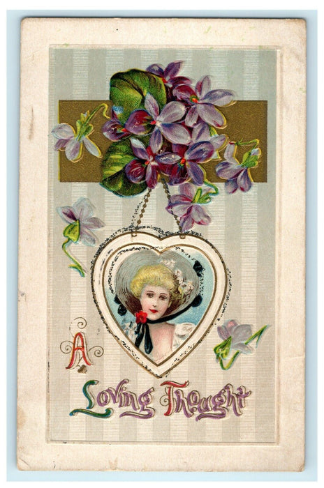 1913 Necklace Brooch Heart Shape Flowers Embossed Valentine Antique Postcard