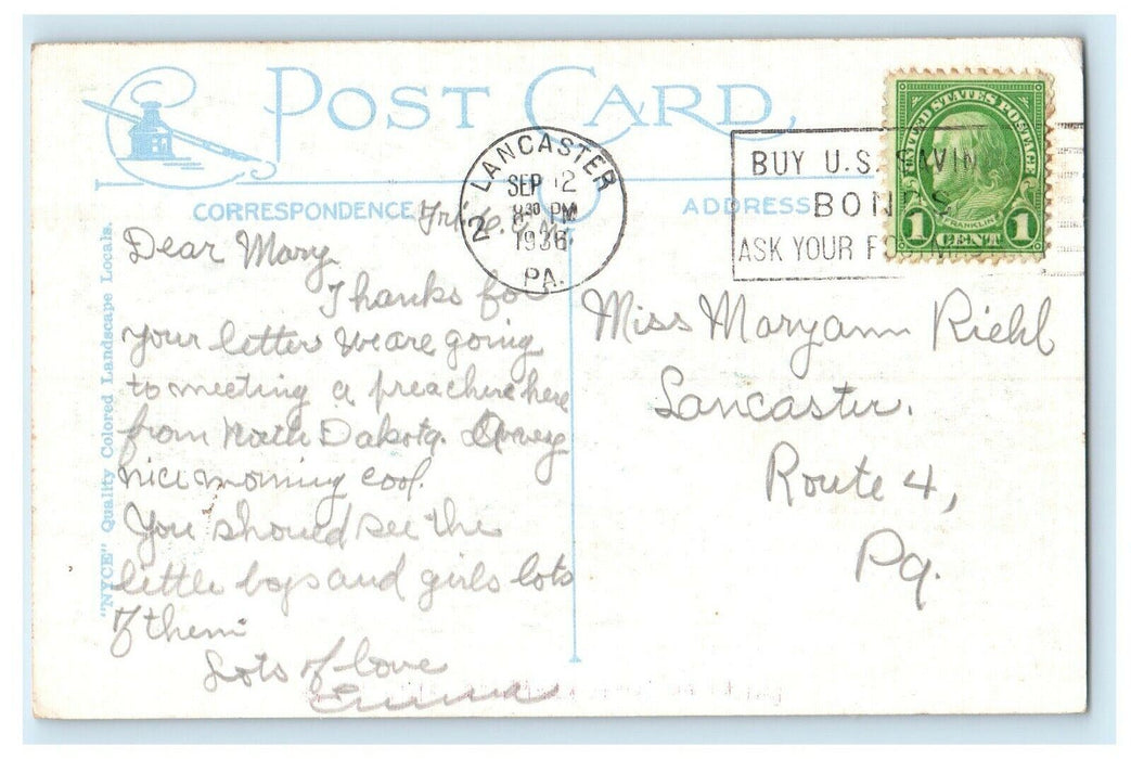 1936 Greetings From Arthur Illinois IL, Lake Lancaster PA Vintage Postcard