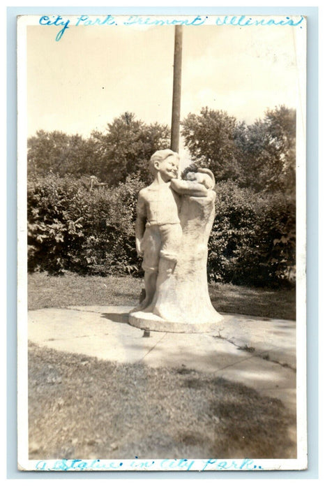 c1930's City Park Statue Fremont Illinois IL Art RPPC Photo Postcard