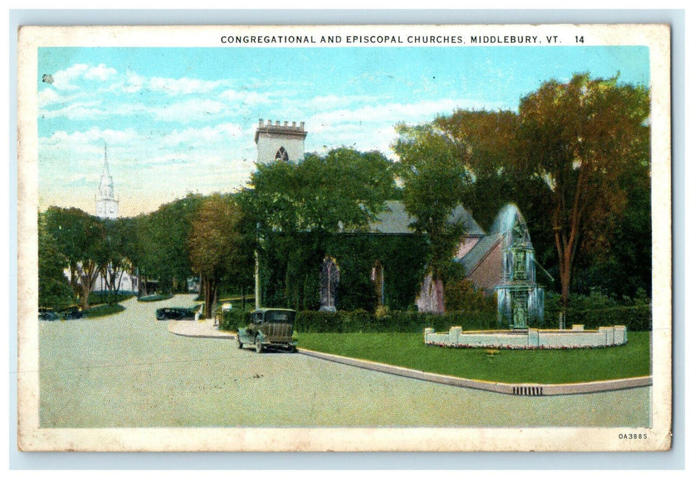 1933 Congregational and Episcopal Churches Middlebury Vermont VT Postcard