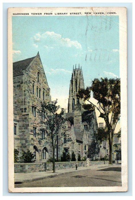 1923 Harkness Tower from Library Street New Haven Connecticut CT Postcard