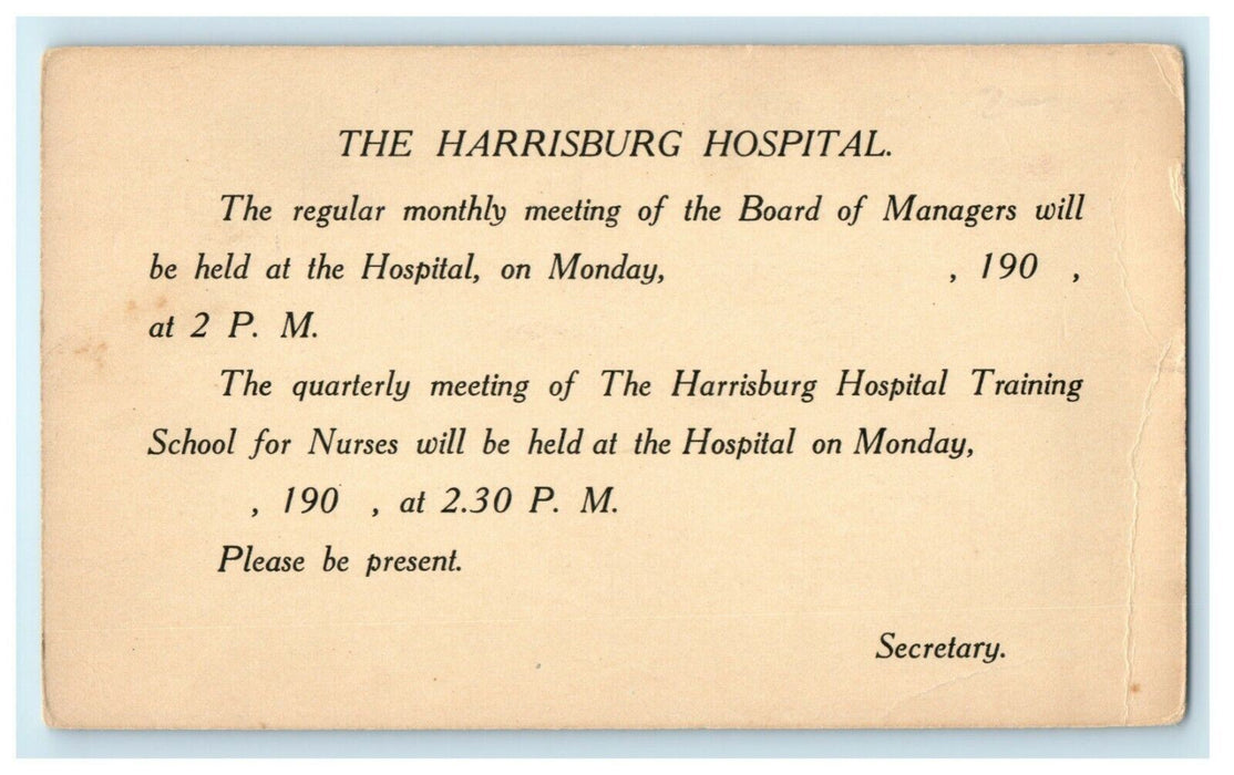 c1905 Harrisburg PA Hospital Monthly Board Meeting Nurses Advertising Postcard