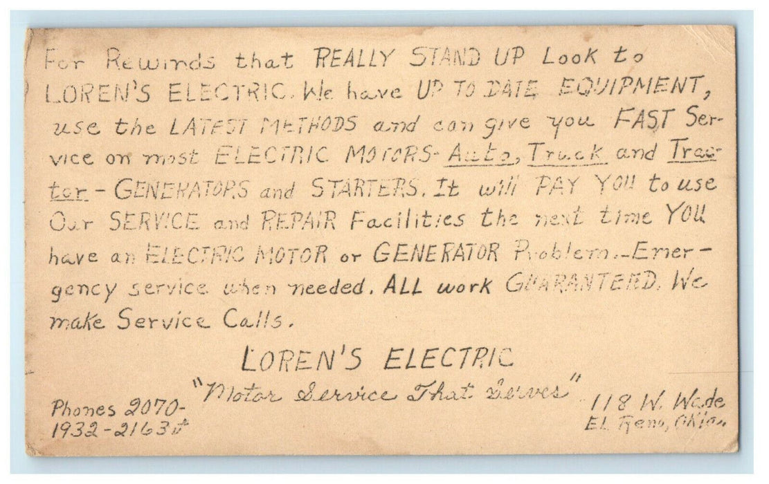 c1920s Loren's Electric "Motor Service that Serves" Advertising OK Postcard