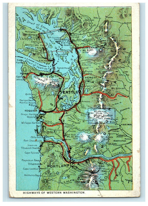 c1920s Map View, Highways of Western Washington WA Posted Postcard