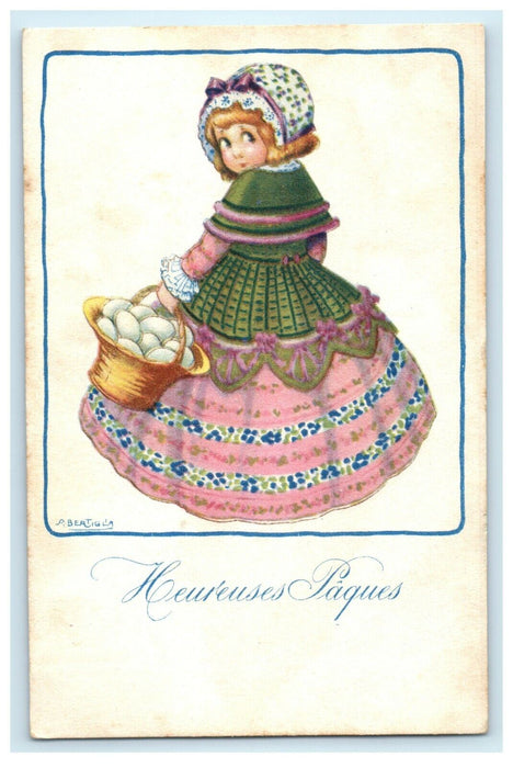 1918 Easter Little Girl Dress Holding Egg Basket Bertiglia Italy Postcard