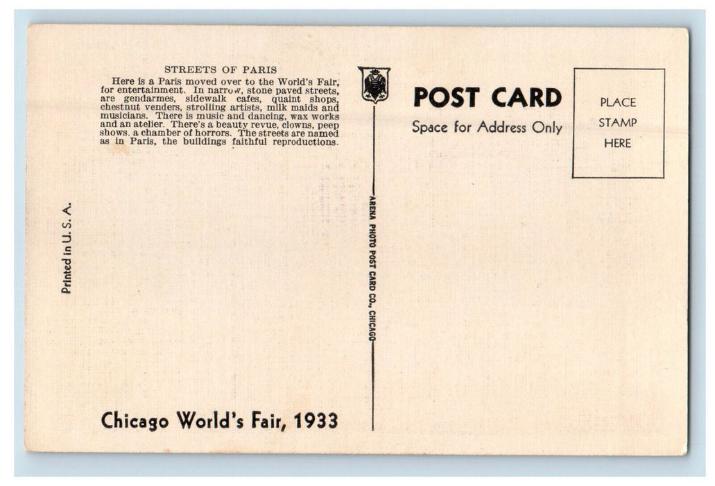 1933 Street of Paris, Meet Me in Paris Steamship Chicago IL Unposted Postcard