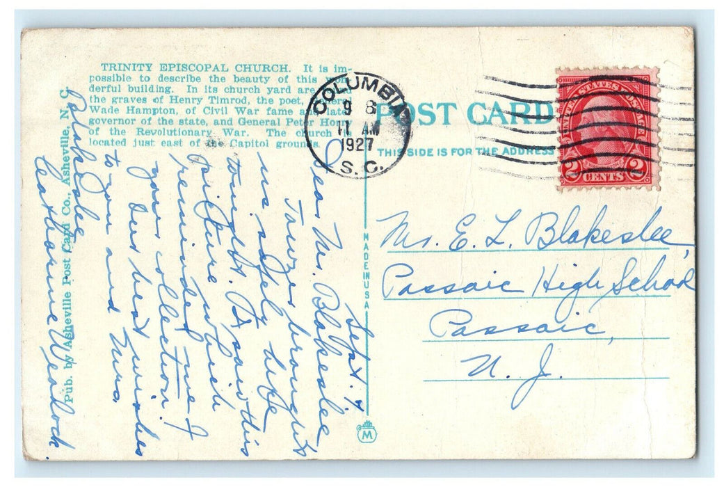 1927 Trinity Episcopal Church, Columbia South Carolina Posted Postcard