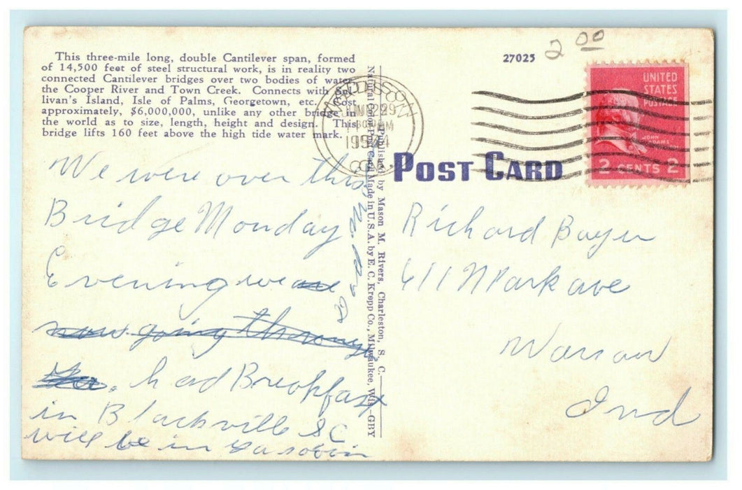 Cooper River Bridge Charleston South Carolina 1944 Warsaw IN Antique Postcard