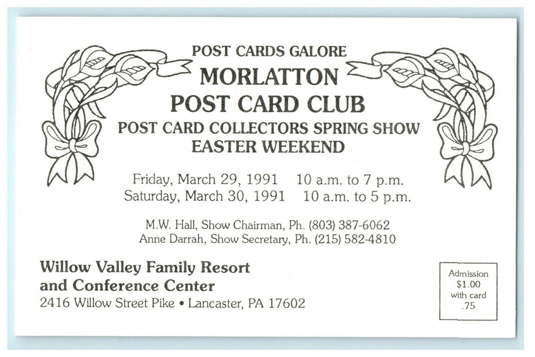 1991 Morlatton Post Card Club, Lancaster Pennsylvania PA Unposted Postcard