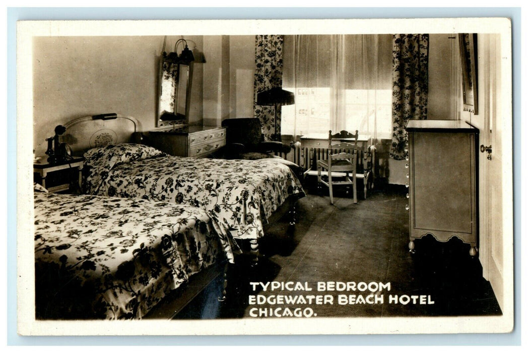 c1940's Bedroom Edgewater Beach Hotel Chicago Illinois IL RPPC Photo Postcard