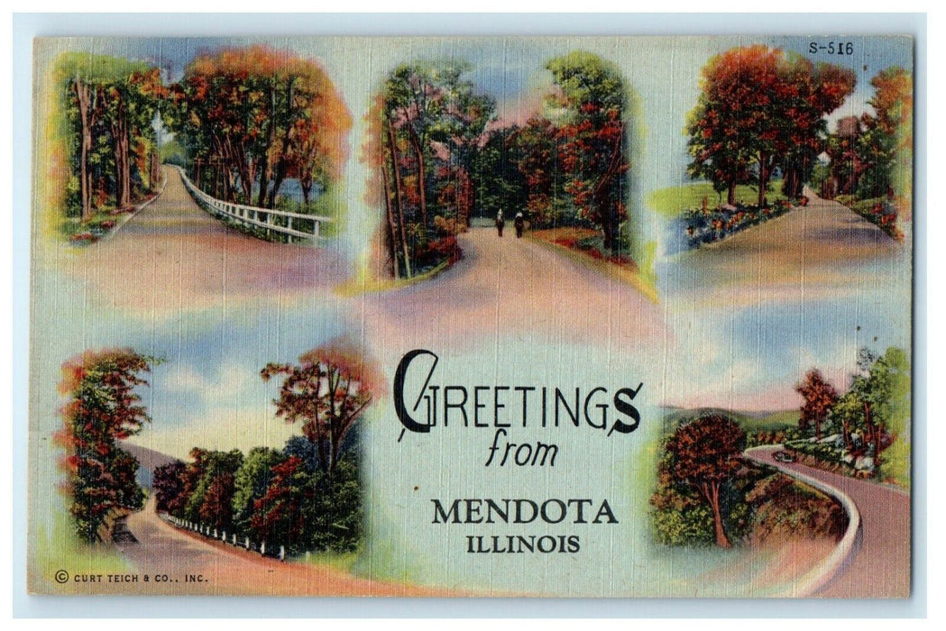 c1940's Greetings From Mendota Illinois IL, Road Multiview Vintage Postcard