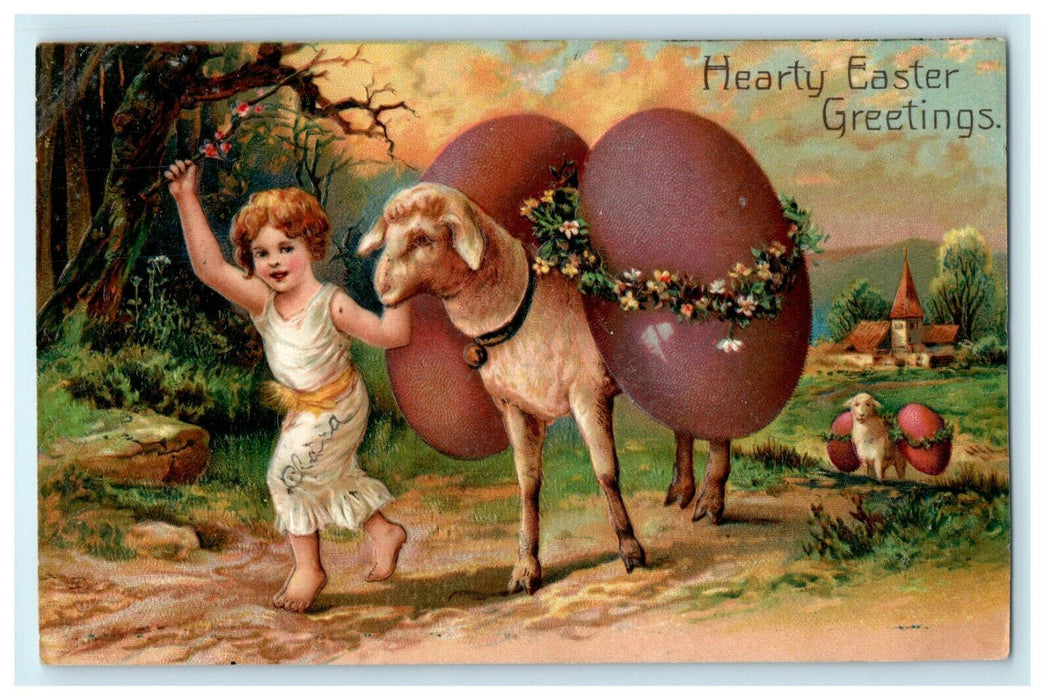 1908 Easter Child Leads Lambs With Big Eggs Germany Embossed Antique Postcard