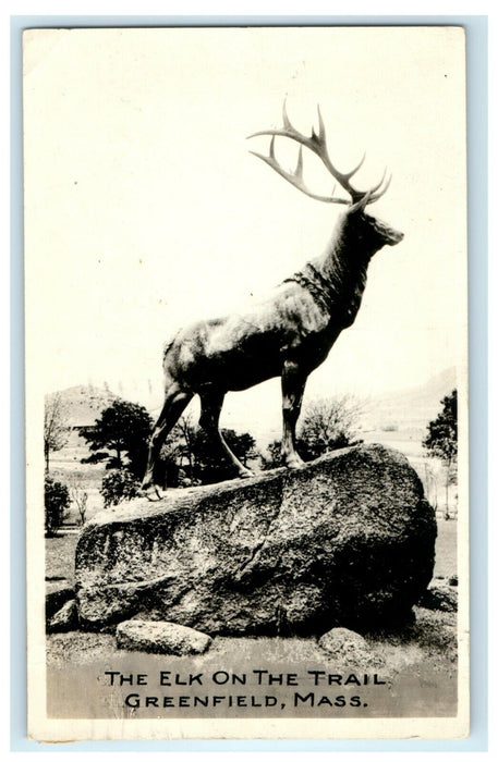 1923 Elk on the Trail Greenfield Association WW1 MA RPPC Photo Monument Postcard