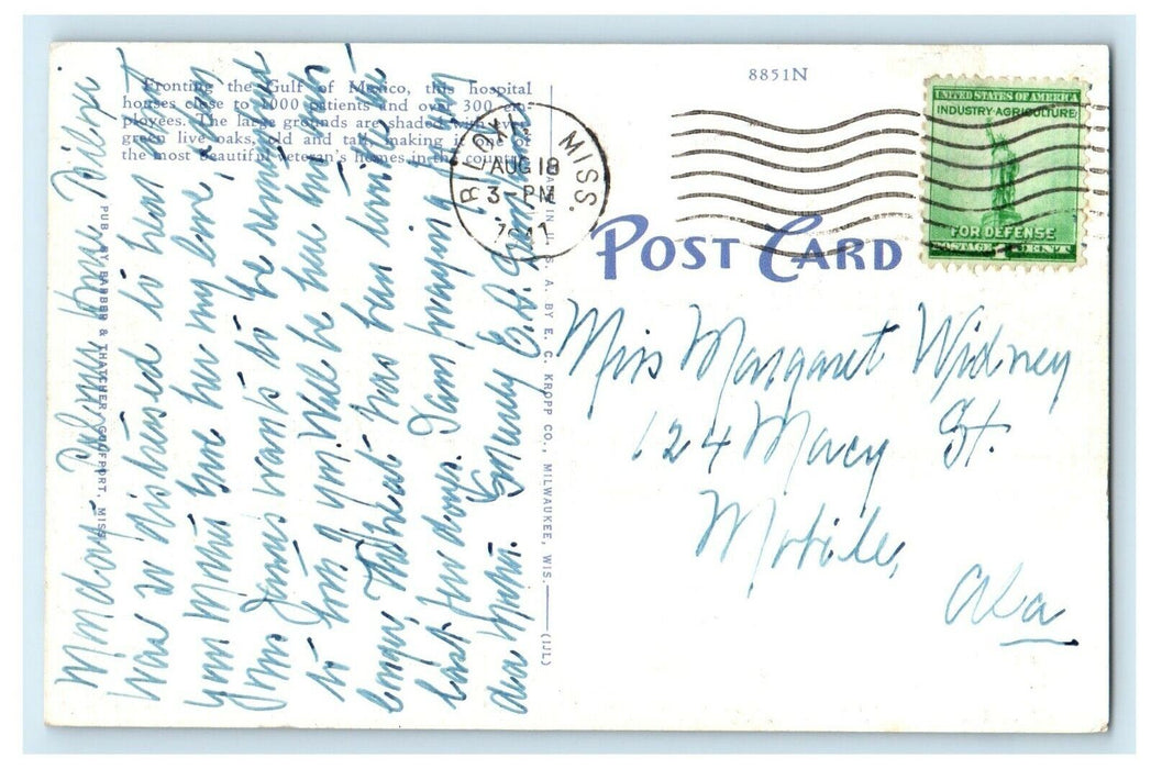 1941 Entrance To U.S Veterans Hospital Gulfport Mississippi MS Vintage Postcard