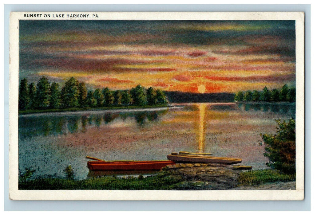 c1920s Boat in Side, Sunset on Lake Harmony Pennsylvania PA Unposted Postcard