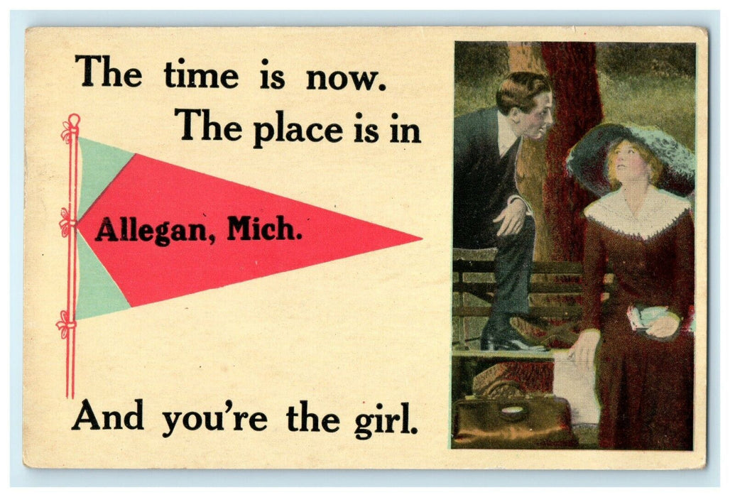 1913 "Allegan" Red Pennant, Woman Sitting, Allegan Michigan MI Postcard