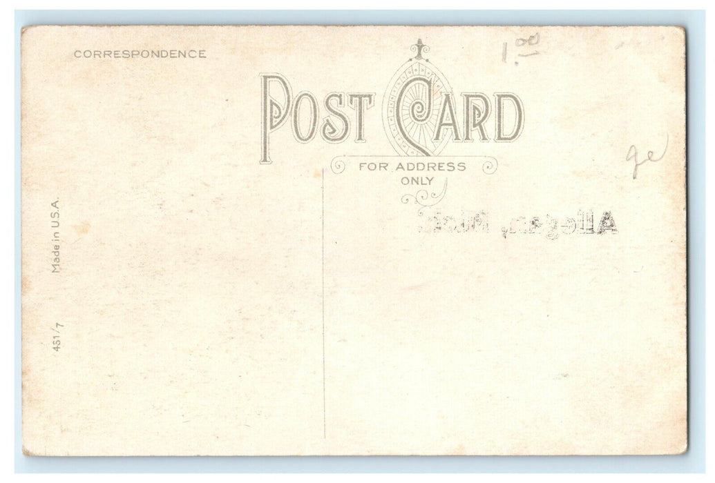 1913 "Allegan" Red Pennant, Woman Sitting, Allegan Michigan MI Postcard