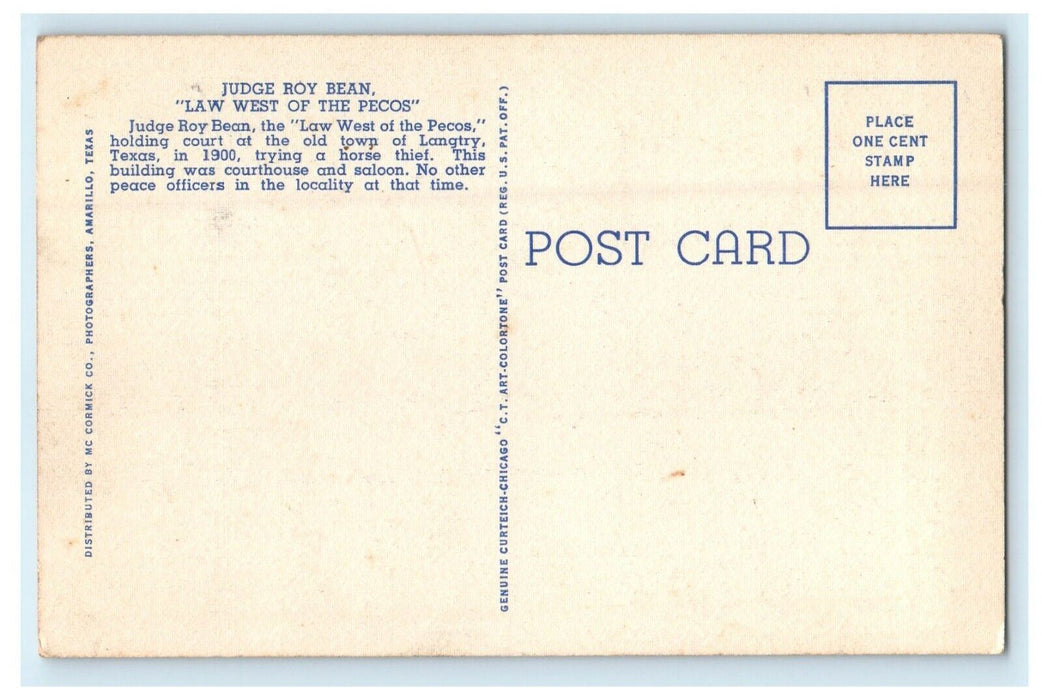 Judge Roy Bean Notary Public Law West Of The Pecos Langtry Texas TX Postcard