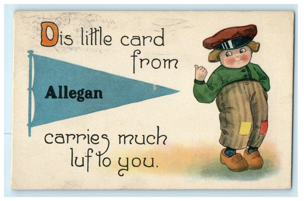 1915 Allegan Blue Pennant and Dutch Kid, Allegan Michigan MI Postcard
