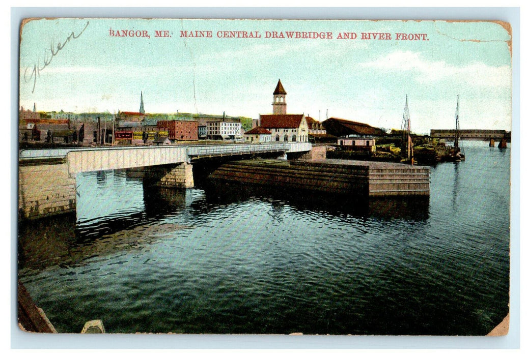 1914 Maine Central Drawbridge and River Front, Bangor Maine ME Postcard