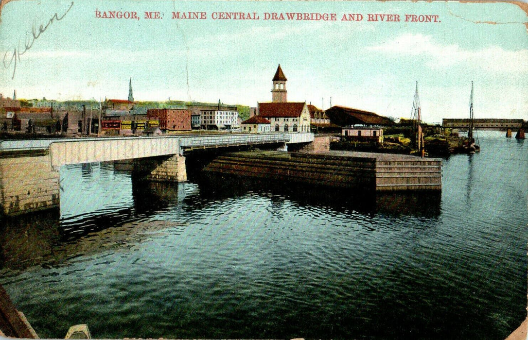 1914 Maine Central Drawbridge and River Front, Bangor Maine ME Postcard