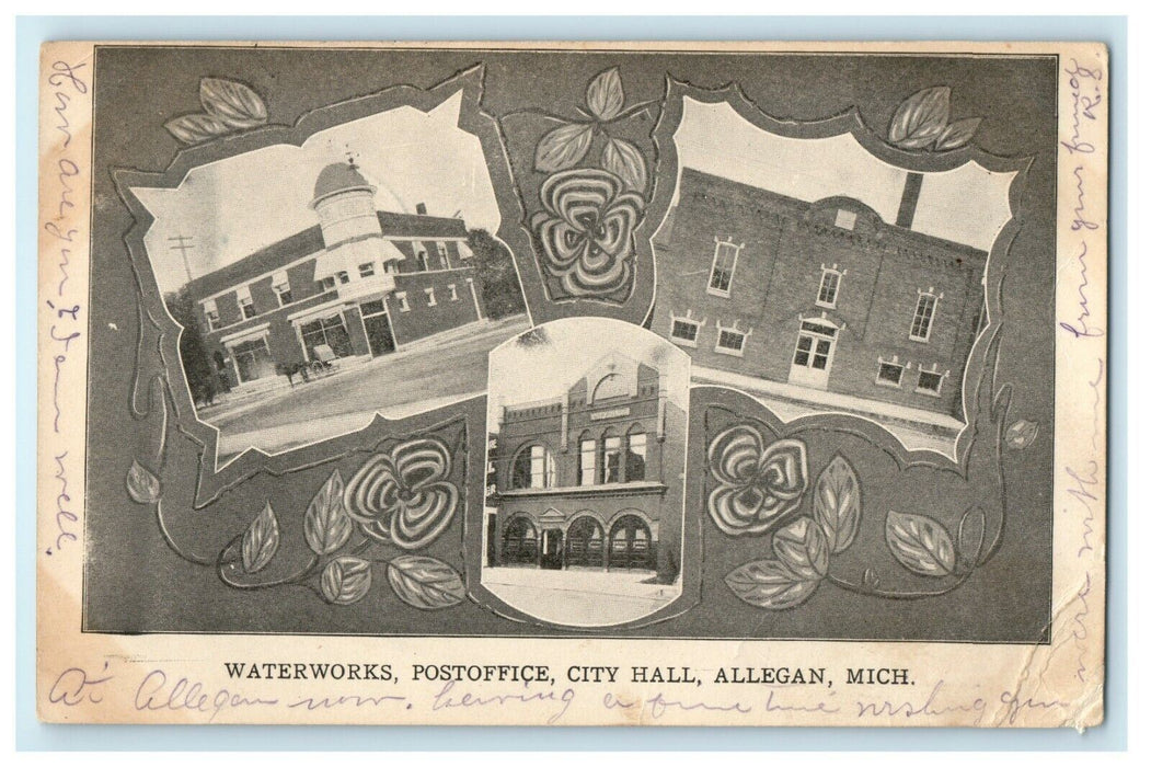 1905 Waterworks, Post Office, City Hall, Allegan Michigan MI Postcard