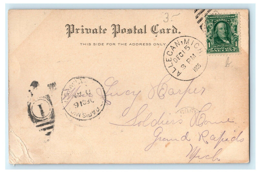 1905 Waterworks, Post Office, City Hall, Allegan Michigan MI Postcard