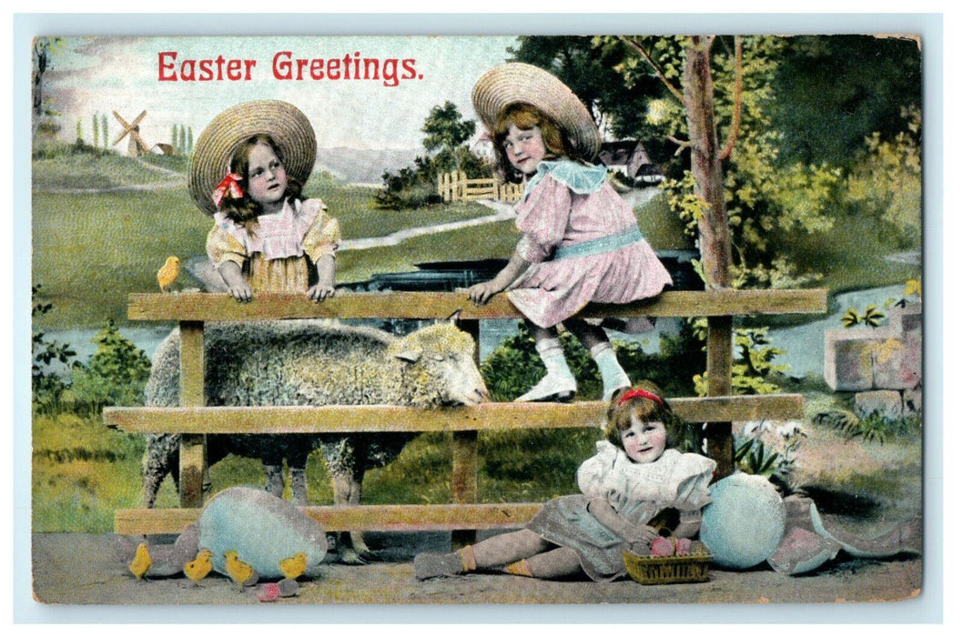 1912 Easter Greetings Girls Sheep Chicks And Eggs In The Field Antique Postcard