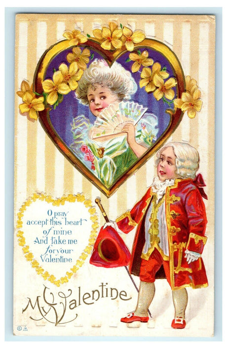 Valentine Old Woman In Heart Shape Holding Fan Embossed Postcard