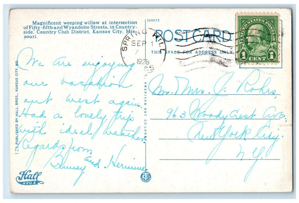 1928 Magnificent Weeping Willow Fifty Fifth Wyandotte Kansas City MO Postcard