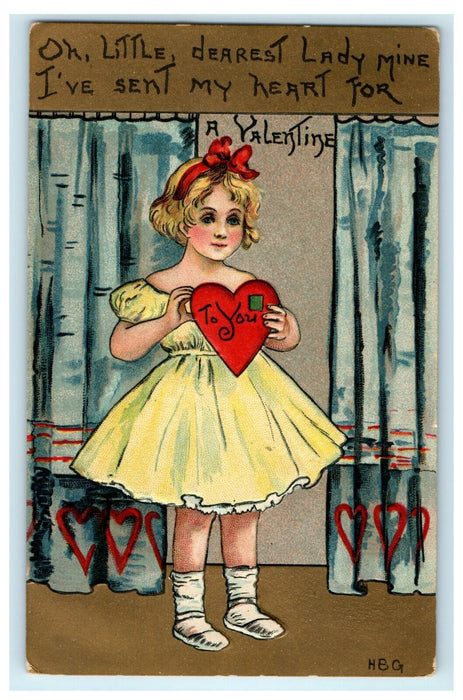 1913 Valentine Little Lady Wearing Dress Sending Love Heart Embossed Postcard