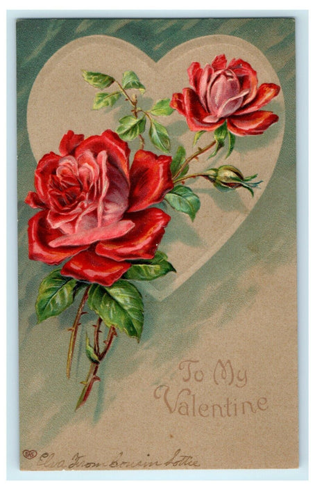 Heart Rose Flowers Embossed Valentine Posted Postcard