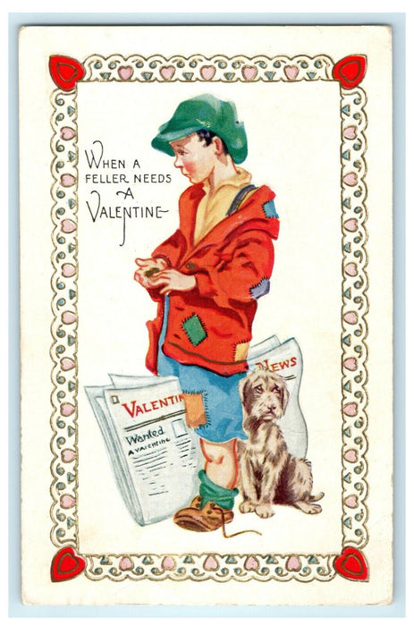 1926 Valentine Boy Holding Newspaper Counting Penny Hungry Dog Embossed Postcard