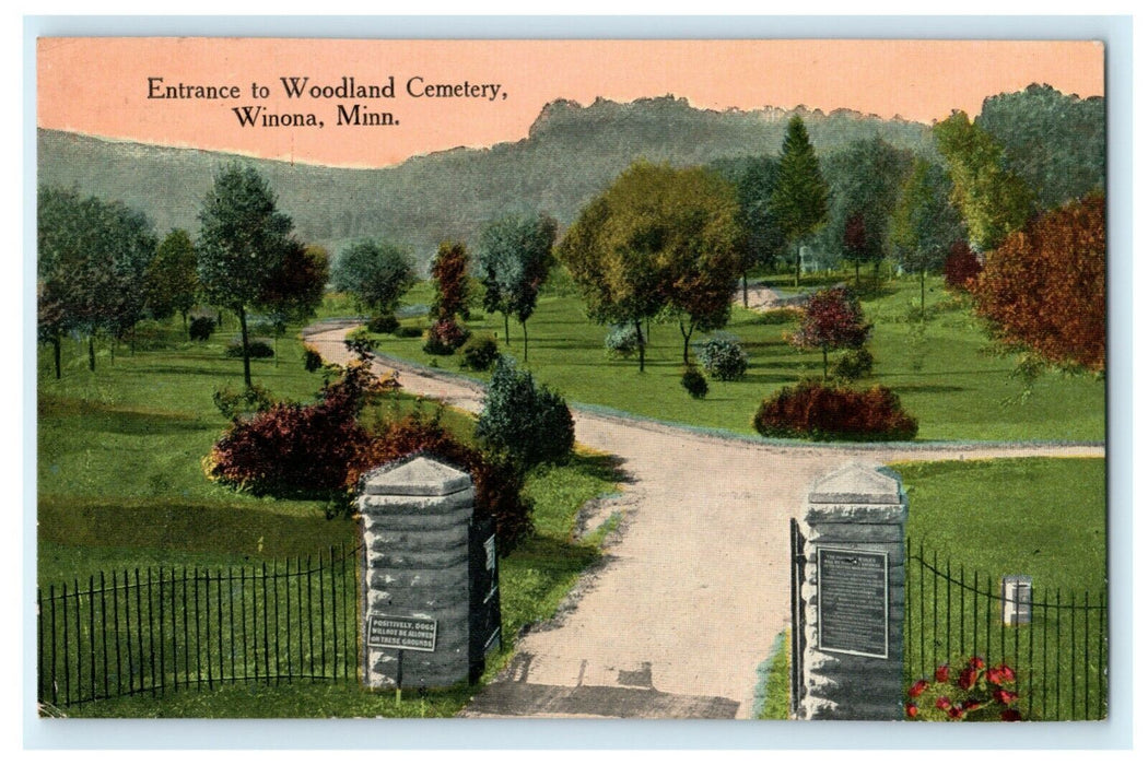 Entrance Woodland Cemetery Winona Minnesota Circa 1910 Antique Postcard