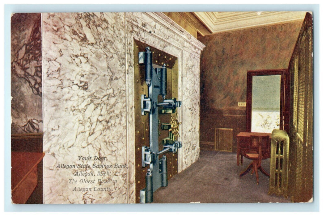 1912 Interior Vault Allegan State Savings Bank Advertising Michigan MI Postcard