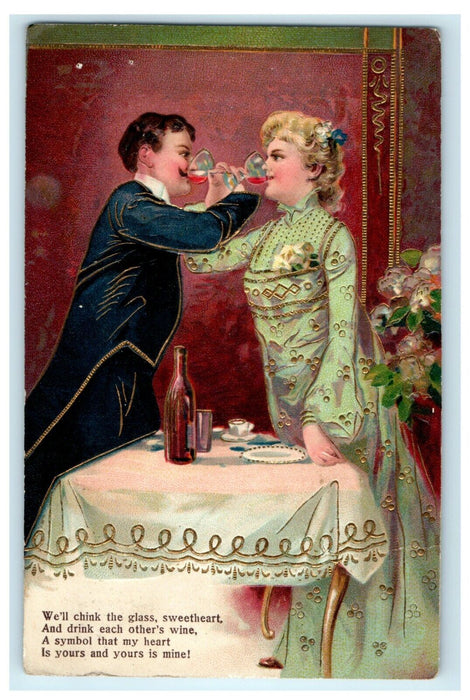 1907 Valentine Couple Drinking Wine Gold Gilt Germany Embossed Antique Postcard