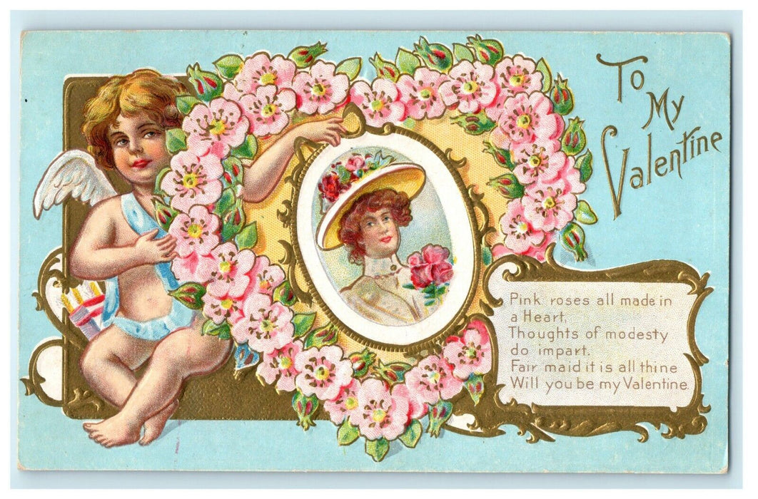 1909 Valentine Cupid Angel Heart Victorian Lady In Frame Embossed Postcard