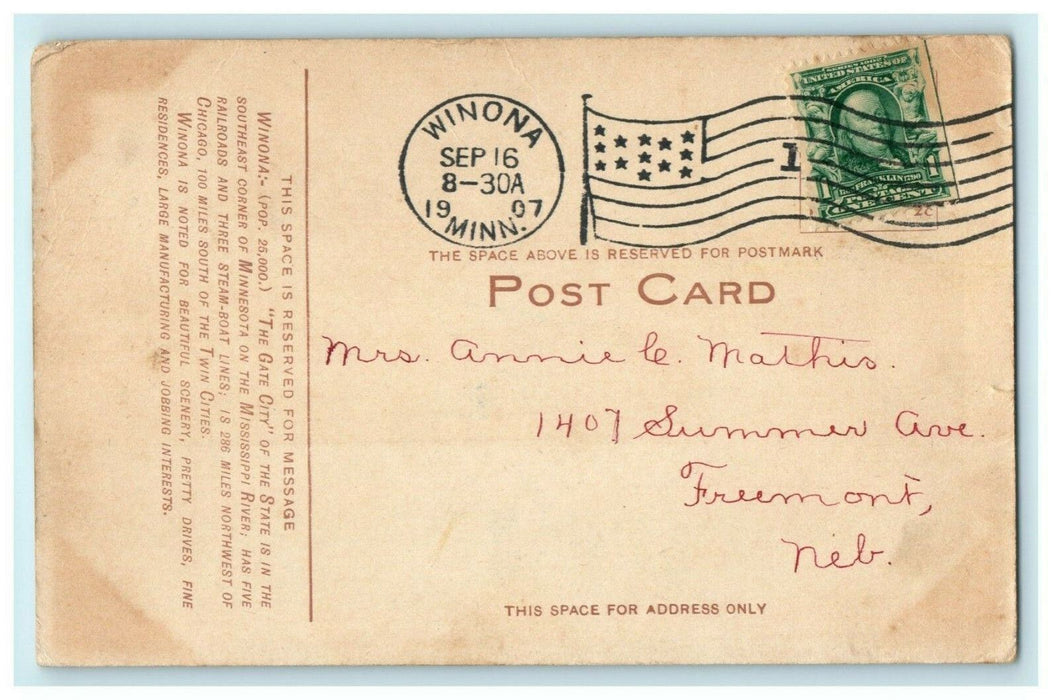 Riverside Park Winona Minnesota 1907 Freemont Nebraska Vintage Antique Postcard