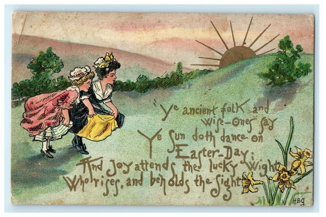 Easter Girls Dressed Running In Field HBG Germany Embossed Antique Postcard