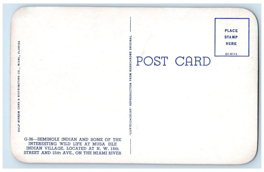 Seminole Indian Wild Life At Musa Isle Indian Village Miami River FL Postcard