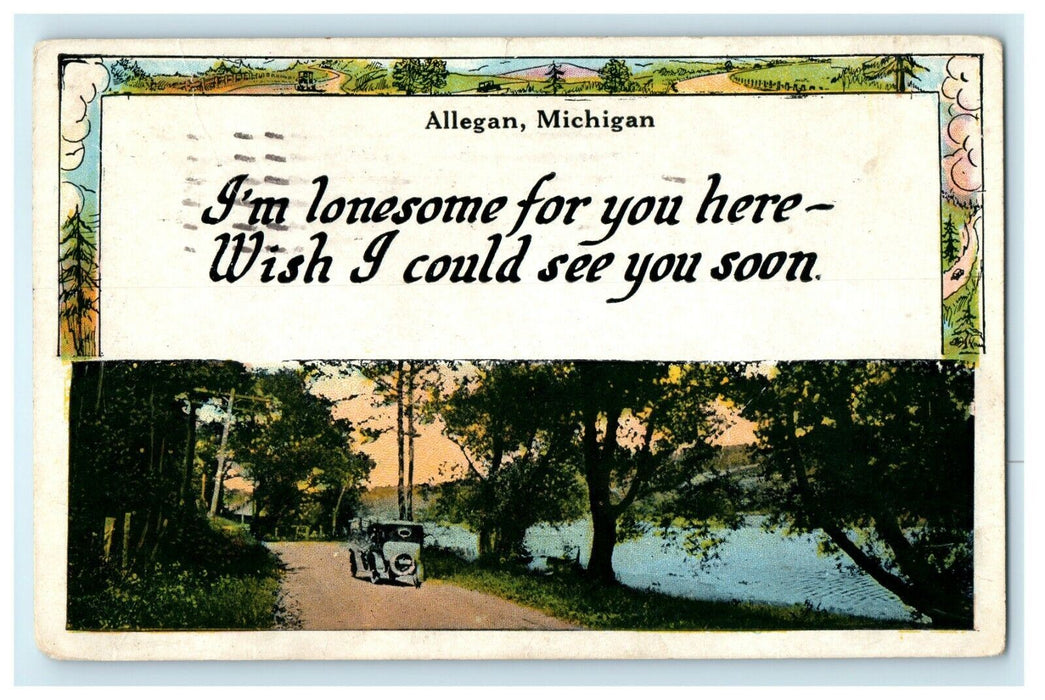 1931 "I'm Lonesome For You" Letter and Car Print Allegan Michigan MI Postcard