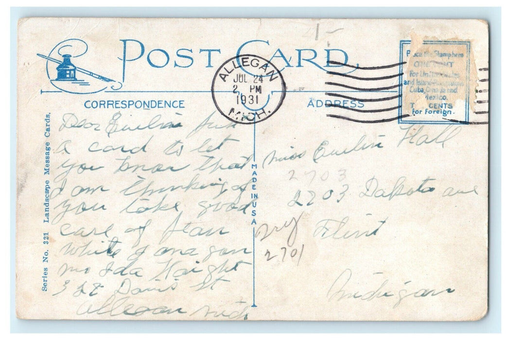 1931 "I'm Lonesome For You" Letter and Car Print Allegan Michigan MI Postcard