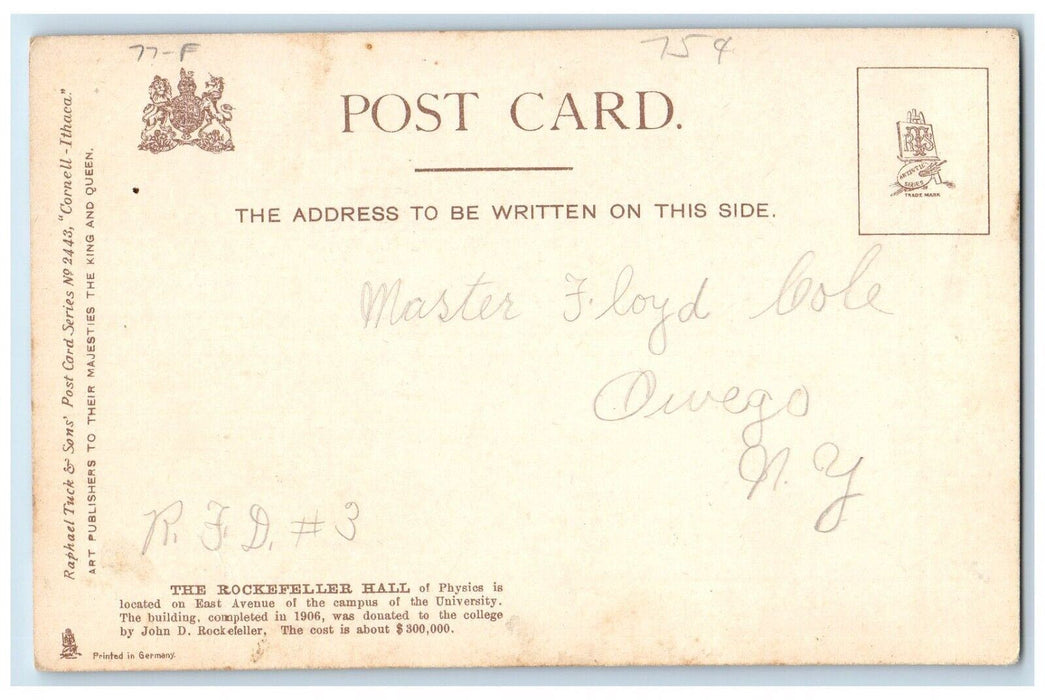 c1905 Cornell University Rockefeller Hall Ithaca New York NY Tuck's Postcard