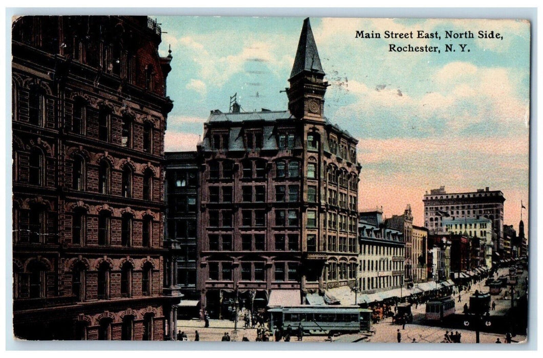 1920 Main Street East North Side Trolley Bus Rochester New York NY Postcard