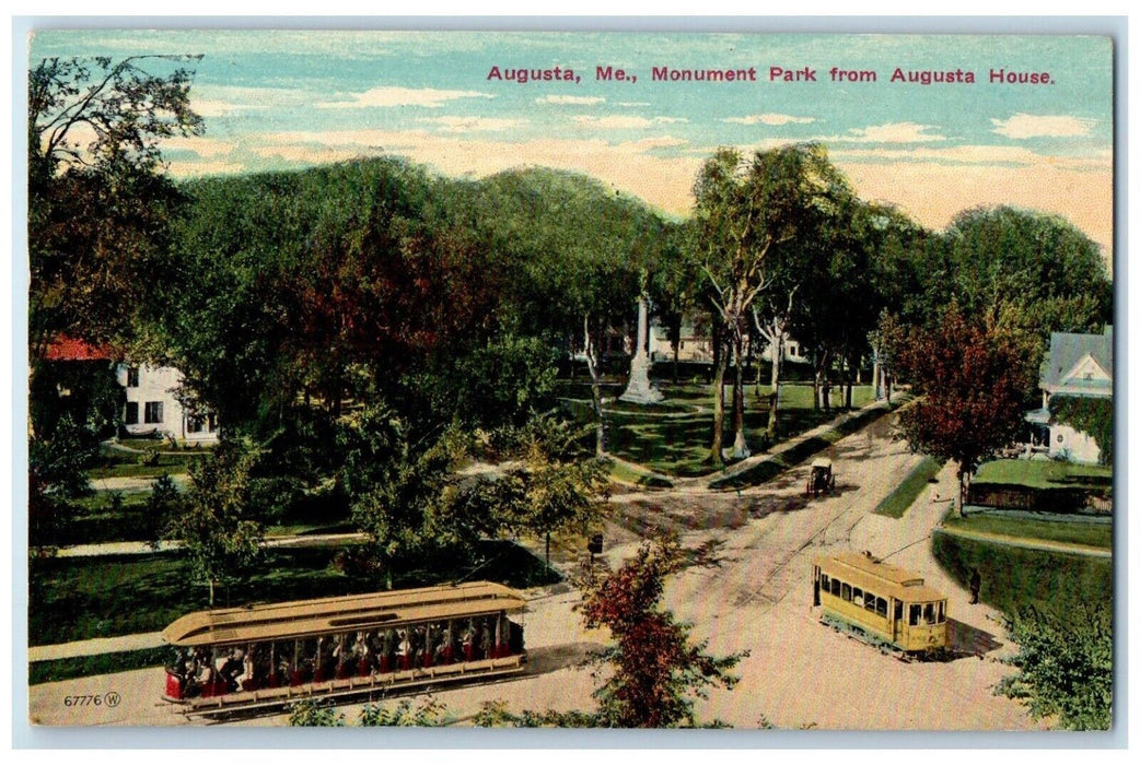 1911 Augusta ME, Monument Park From Augusta House Trolley Bus Antique Postcard