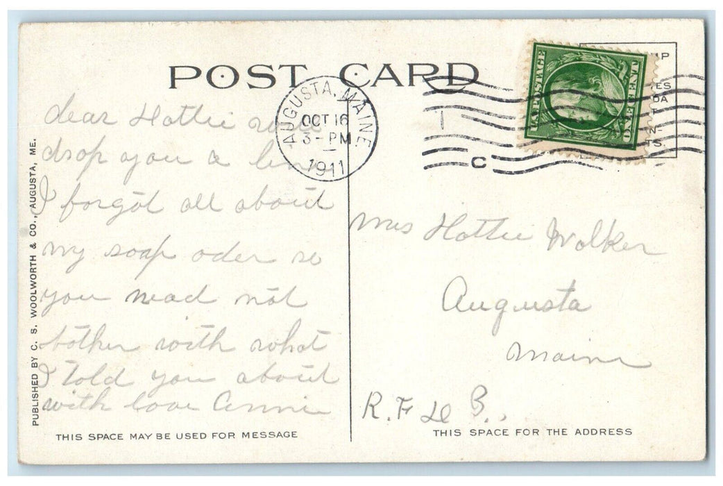 1911 Augusta ME, Monument Park From Augusta House Trolley Bus Antique Postcard