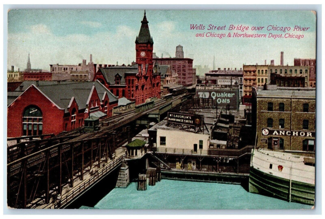 c1910 Wells Street Bridge over Chicago River Chicago Illinois IL Postcard