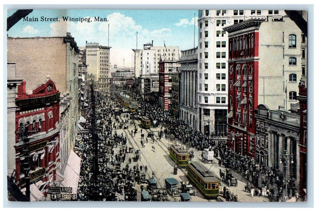 c1910's Main Street Trolley Car Buildings Winnipeg Manitoba Canada Postcard