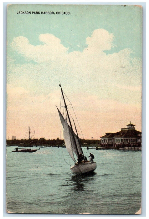 1920 Sailboat Jackson Park Harbor Chicago Illinois IL Antique Posted Postcard