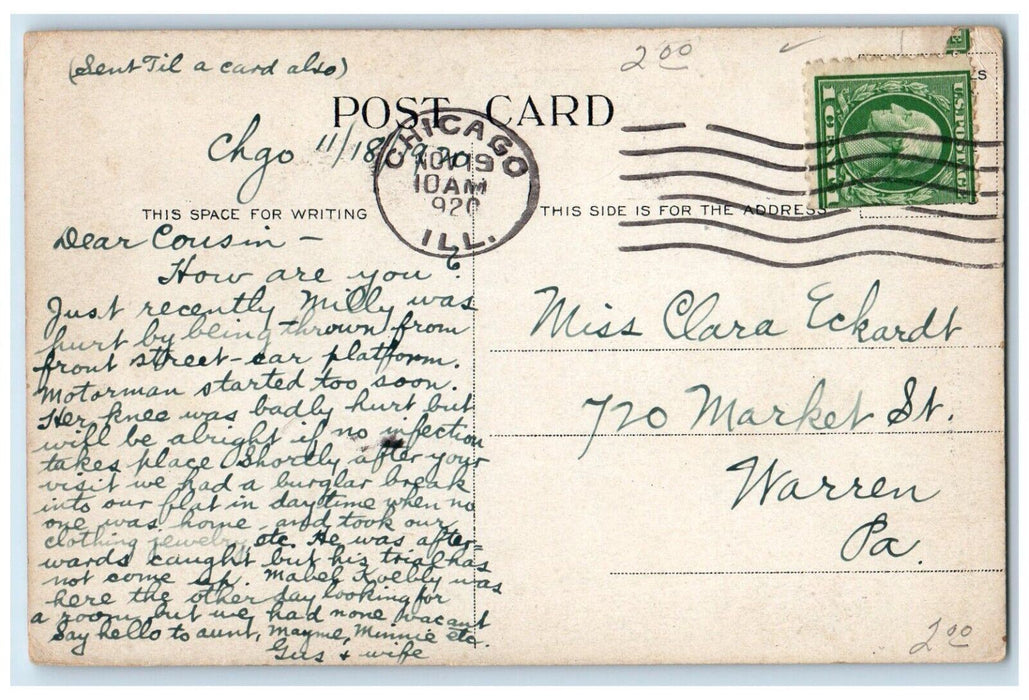 1920 Sailboat Jackson Park Harbor Chicago Illinois IL Antique Posted Postcard